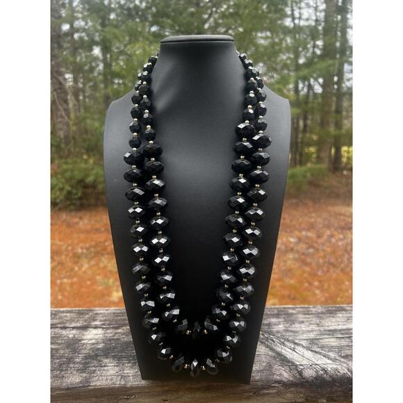 VTG KJL Kenneth Lane Faceted Jet Black Gold Bead Double Strand Necklace 28" Long - Picture 7 of 8